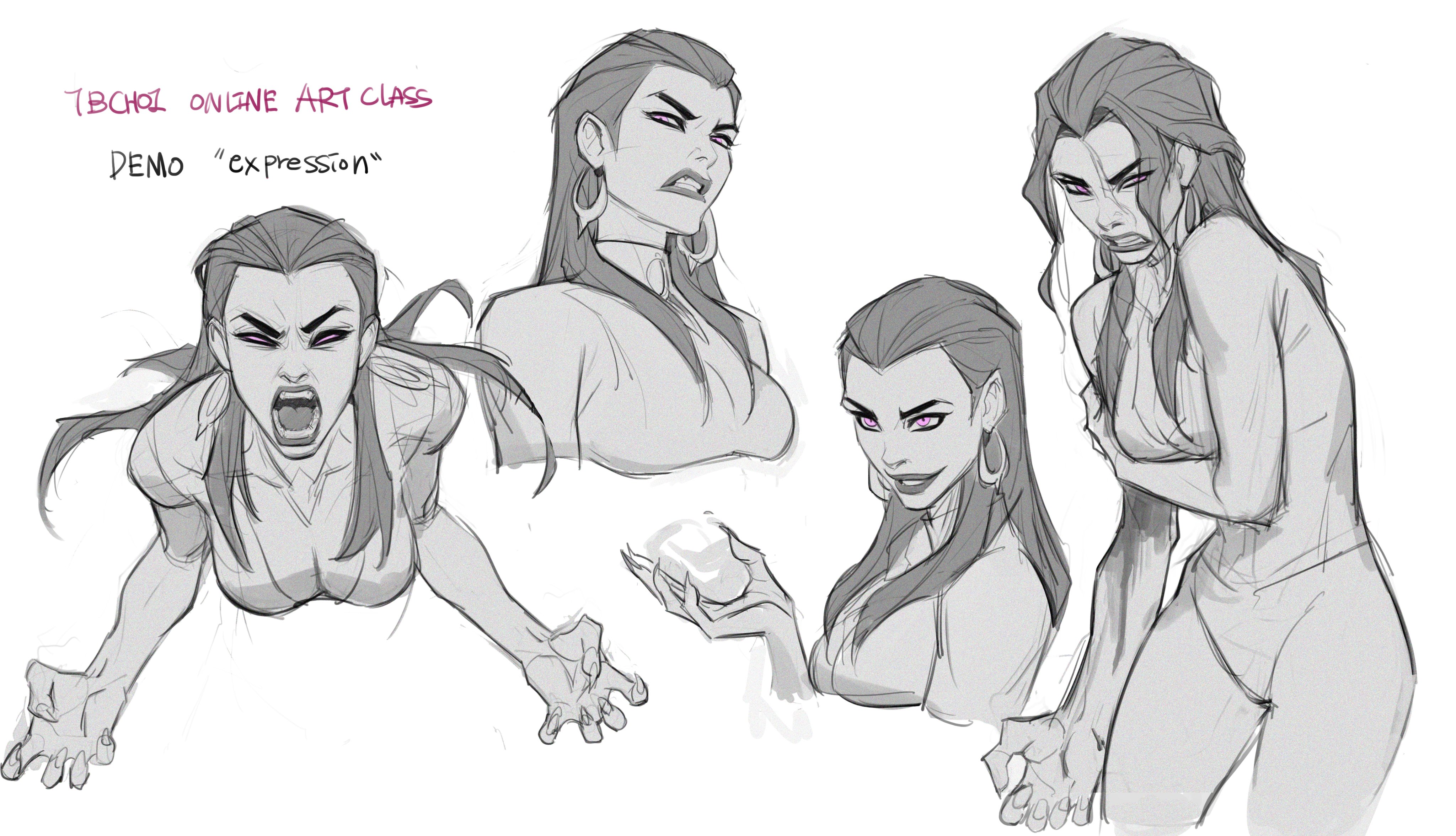 the image is a collection of character sketches depicting a woman with various angry and frustrated expressions.  the sketches are done in grayscale, with a focus on line art and shading to convey emotion. different angles and poses are shown, including closeups of the face and hands, to highlight the nuances of the expressions.  there's a text annotation that reads "tbchoi online art class demo "expression"", indicating it's a demonstrative piece from an online art class. the style blends elements of manga and comic art, with a focus on conveying strong emotions through dynamic poses and facial expressions.  the artwork serves as a study of expressions and character design.