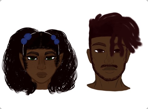 the image shows two digital illustrations, sidebyside headshots of two characters.  the character on the left is female, with dark, curly hair styled in pigtails with blue hair clips, and noticeable elflike ears. she has dark brown skin and is depicted with a serious expression. the character on the right is male, with dark brown skin and dark hair styled in dreadlocks.  he also has a serious expression.  both characters have a similar, simple cartoon style and lack excessive detail.  the background is plain white.