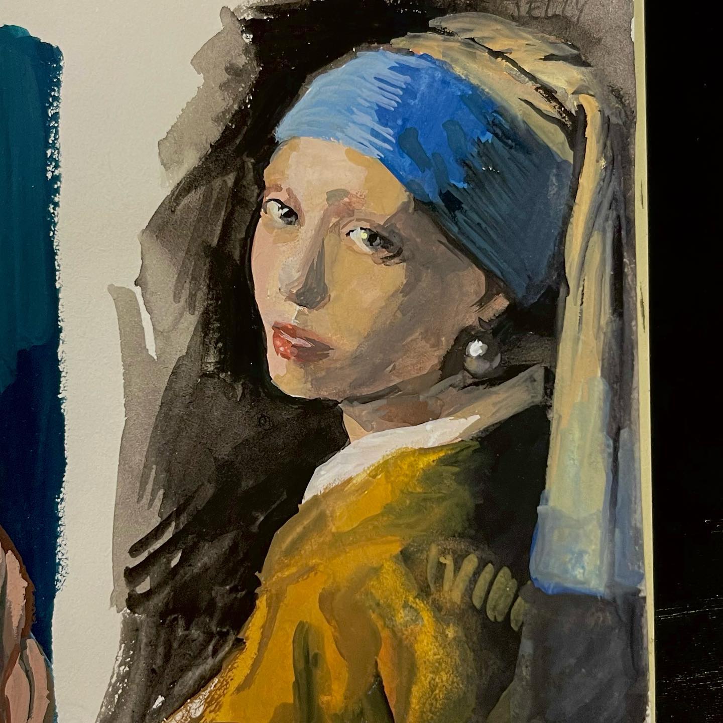 a painting of a girl with a pearl earring. the girl is wearing a blue turban and a yellow dress. she is looking at the viewer with a soft expression. the painting is in a style that is reminiscent of the dutch masters, with a focus on realism and detail. the girl's skin is very pale and her lips are slightly parted, giving her a delicate and fragile look. the pearl earring is the focal point of the painting, and it draws the viewer's eye to the girl's face. the background of the painting is dark and shadowy, which helps to emphasize the girl's beauty and the earring.