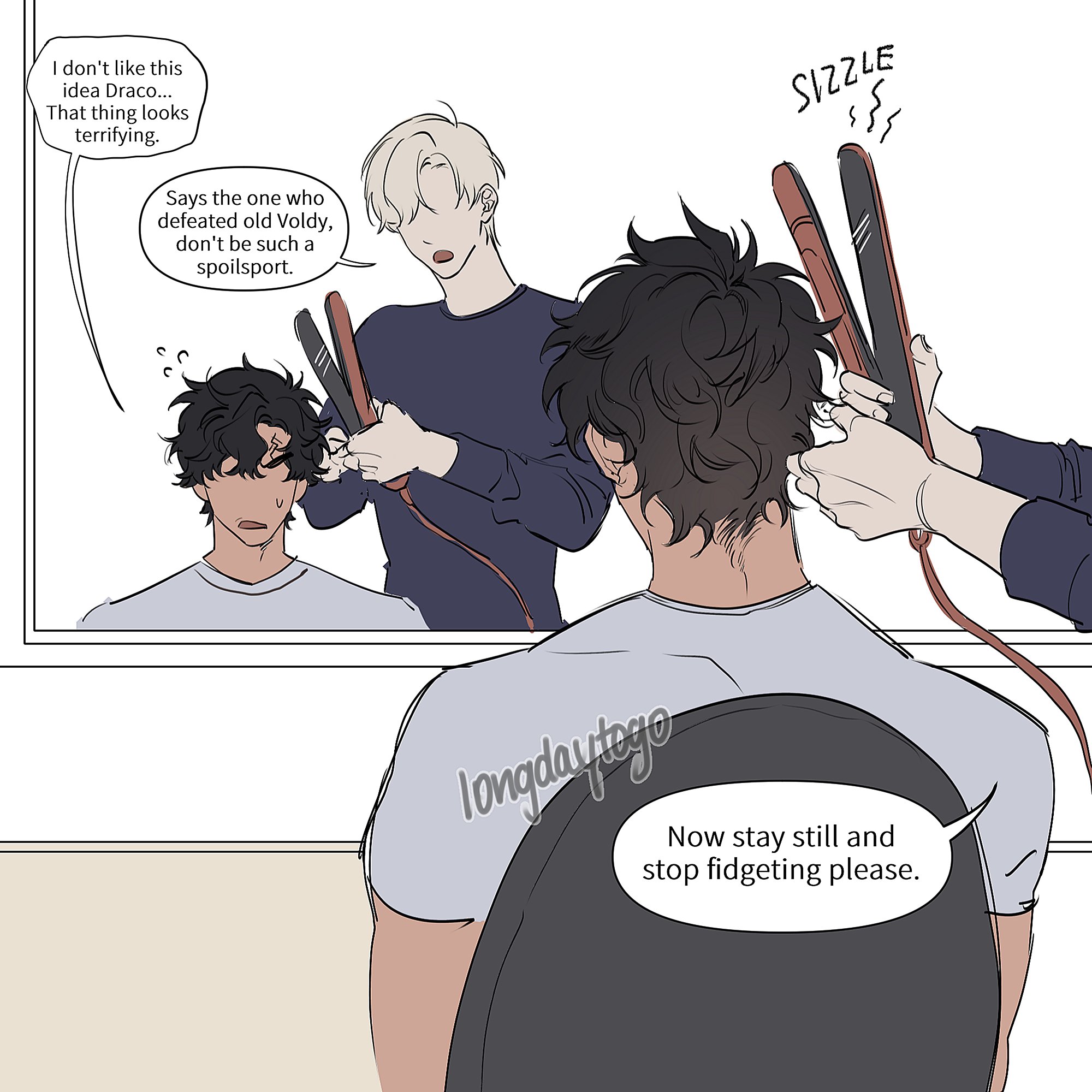 the image is a digital comic panel or webtoon frame. it depicts three male characters. one blondehaired man is using a hair straightener on the dark hair of another man who is sitting in a chair, facing away from the viewer. a third man with dark hair is seen in a mirror reflection, looking displeased at the process. the scene is humorous and involves references to harry potter characters (draco malfoy and voldemort) in the speech bubbles, suggesting a playful and lighthearted mood. the art style is clean and minimalist, common in webtoons.