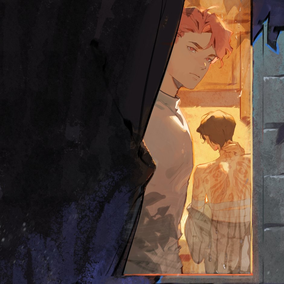 the image is an illustration in anime style. a man with red hair is looking at someone outside the window. the background is the inside of a house, with another person visible through the window, who has a large tattoo on their back. the scene is bathed in warm light, creating strong contrasts and shadows. a dark curtain partially obscures the view from the left.