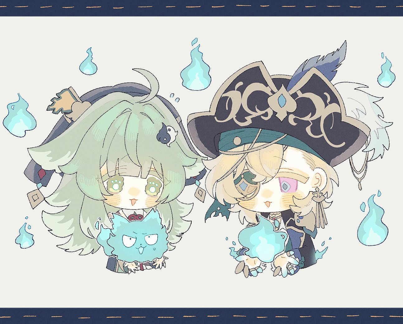 this is a fanart drawing of chibi versions of genshin impact characters venti and xiao.  venti is depicted in his usual attire with his wind spirit companions around him, and he is holding a smaller, angrylooking wind spirit. xiao is depicted in a piratethemed outfit, holding a smaller lightblue flamelike spirit.  the style is soft, pastel, and very cute, characteristic of chibi fanart. the background is a simple offwhite. the image is bordered with a dark blue dashed line.