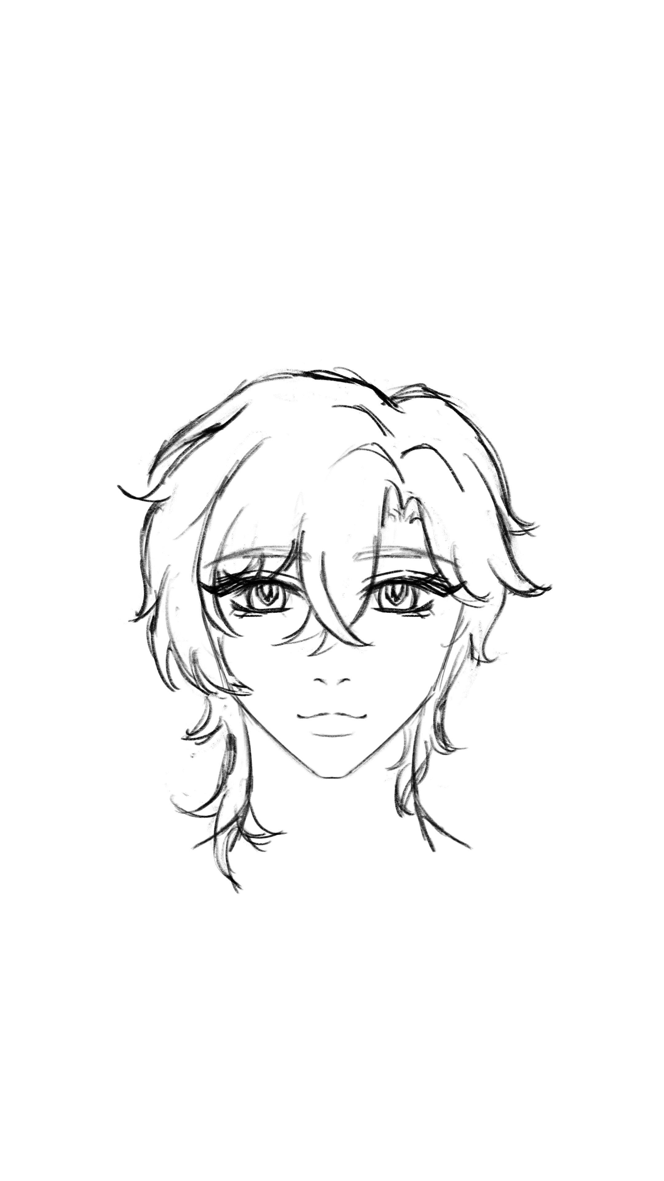 a black and white sketch of an animestyle character's head and shoulders. the character has detailed eyes, a small nose and mouth, and wavy hair.