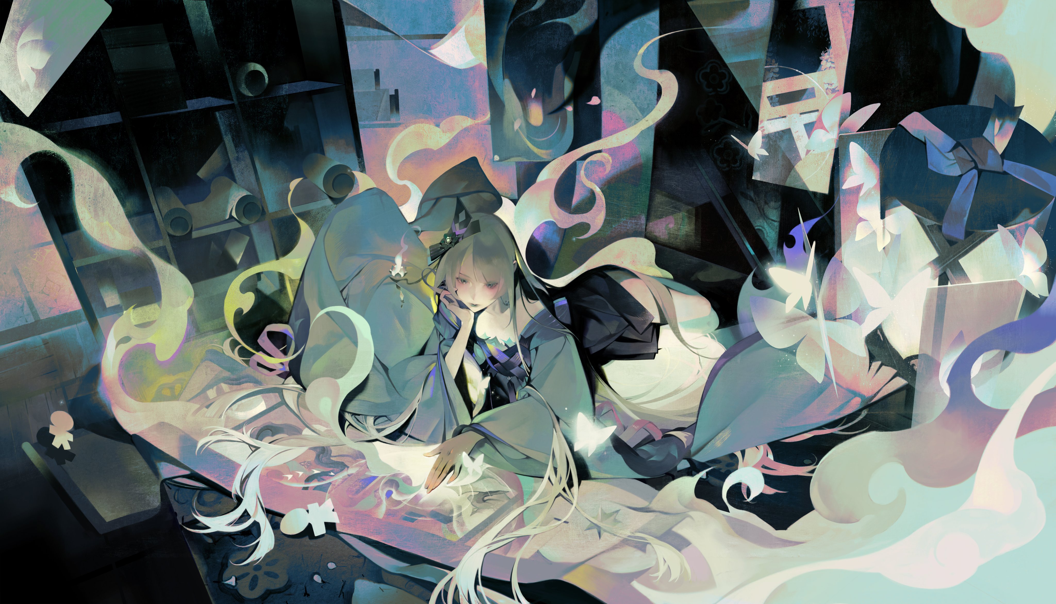 a colorful and dreamlike image of a young anime girl with long white hair and blue eyes sitting on a cloud. the girl is wearing a blue and green dress and is surrounded by white flowers and smoke. the image has a whimsical and magical feel, creating a sense of wonder and beauty.