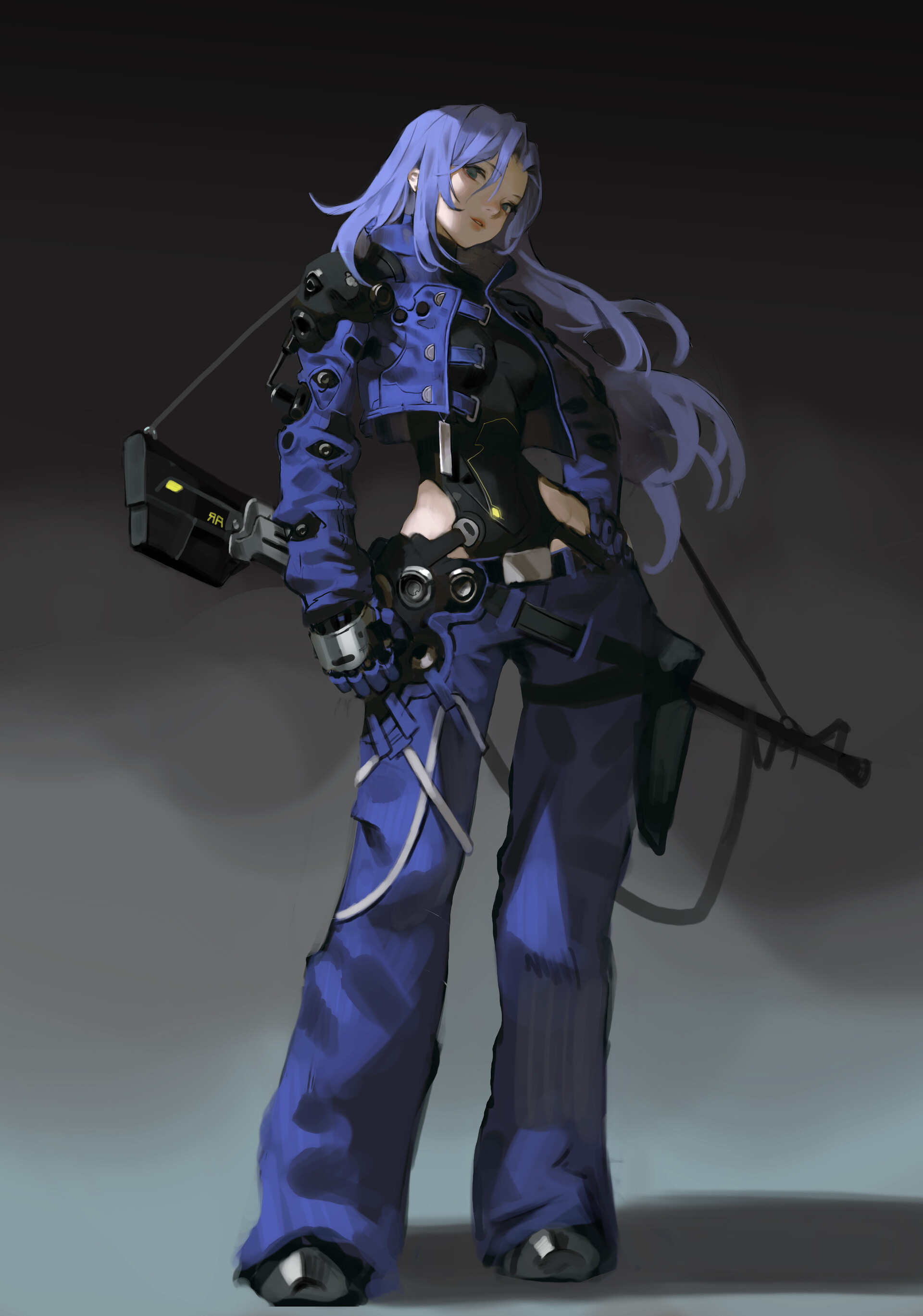 a full body digital painting of a woman with blue hair wearing a blue cropped jacket, black shirt, blue pants, and shoulder holster holding a firearm. she is standing with her feet spread apart. the background is a dark gray.