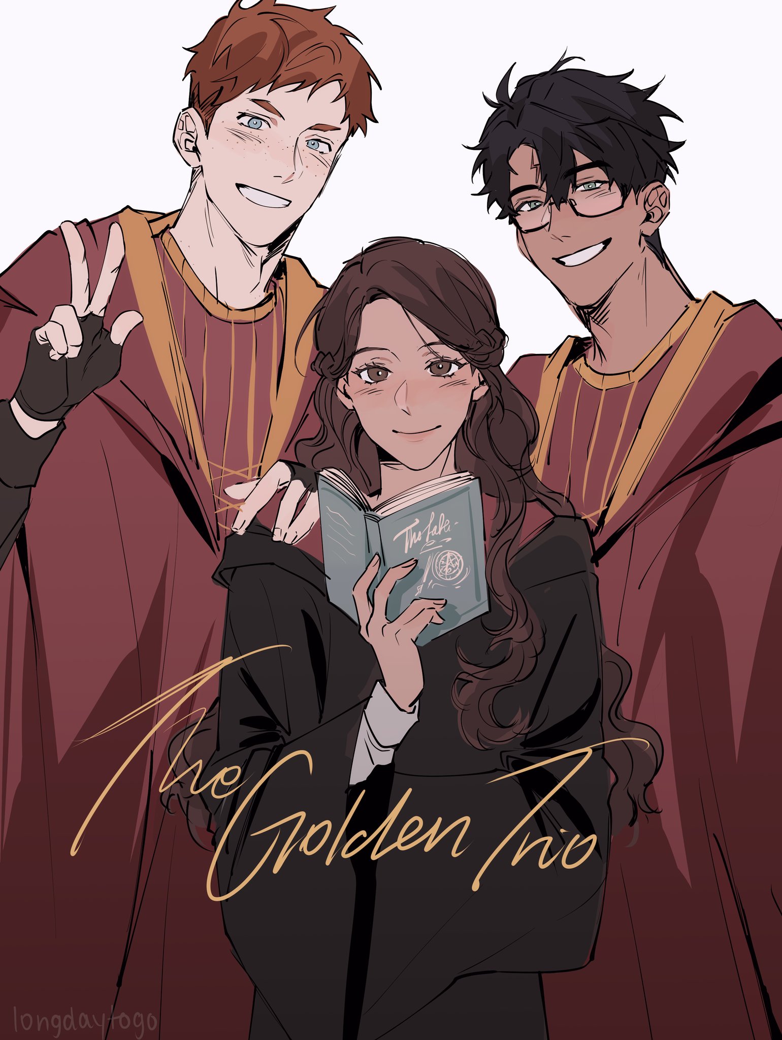 a digital drawing in an anime/manga style depicts a "golden trio" styled after the harry potter characters. the illustration features three young adults, a redhaired boy, a brownhaired girl, and a darkhaired boy.  the girl is holding a book, implying a shared interest or activity. all three are wearing gryffindor robes and appear to be friends, posing closely together. the style is soft and slightly romanticized. the text "the golden trio" is superimposed over the image. the artist's signature "longdayrogo" is visible in the lower left corner.