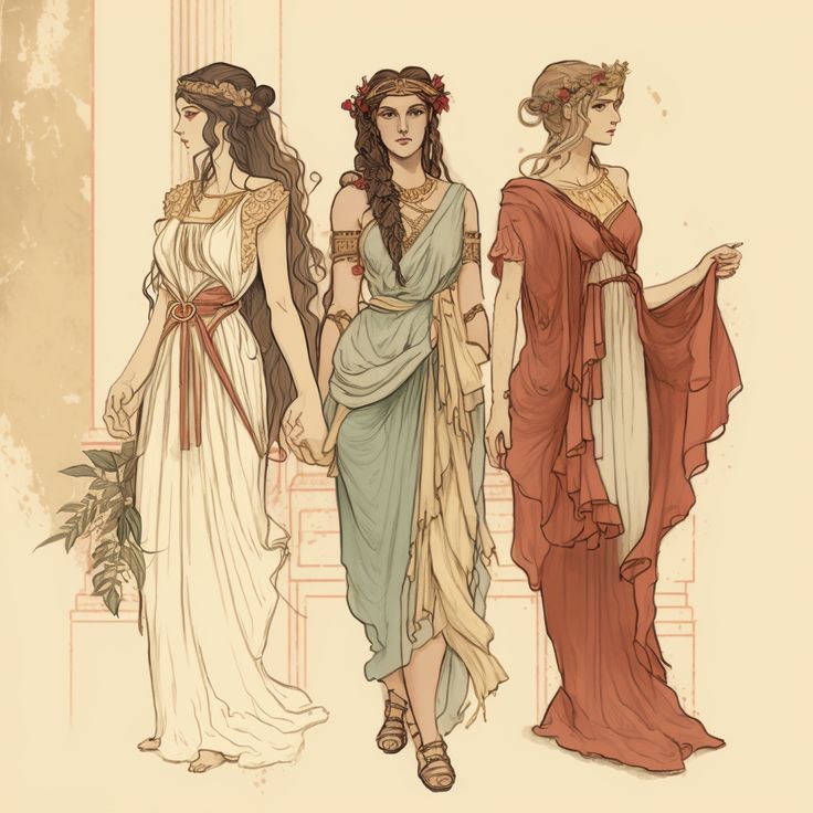 an illustration of three women dressed in ancient greek style clothing. the woman on the left wears a white dress with a red sash and a floral wreath in her long brown hair. she holds a bunch of leaves in her left hand. the woman in the middle wears a blue and yellow togastyle dress and a floral wreath in her braided brown hair. the woman on the right wears a red togastyle dress over a white dress, and a floral wreath in her blonde hair. the women are holding hands and standing in front of a column on a beige background.