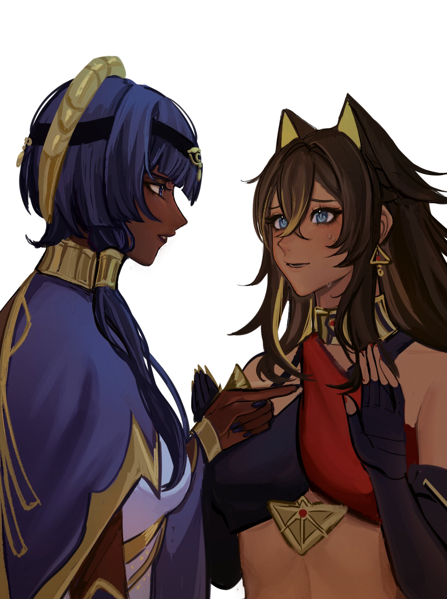the image is an illustration of two anime girls, one with long blue hair and the other with long brown hair. the blue haired girl is wearing a purple and gold outfit and is pointing at the brown haired girl who is wearing a red and black outfit. they both have cat ears and look like they are having a conversation. the background of the image is white.