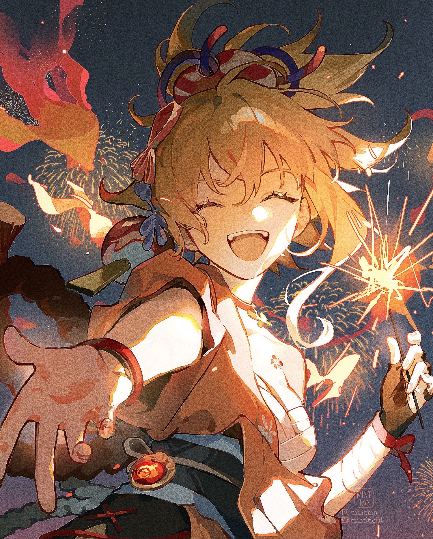 the image is a digital illustration of an anime girl in a traditional japanese kimono, holding a lit sparkler in her right hand. she is smiling brightly with her eyes closed, and she is extending her left hand outwards towards the viewer. the background is filled with fireworks and the colors are vibrant and energetic. the overall impression is one of celebration and happiness.