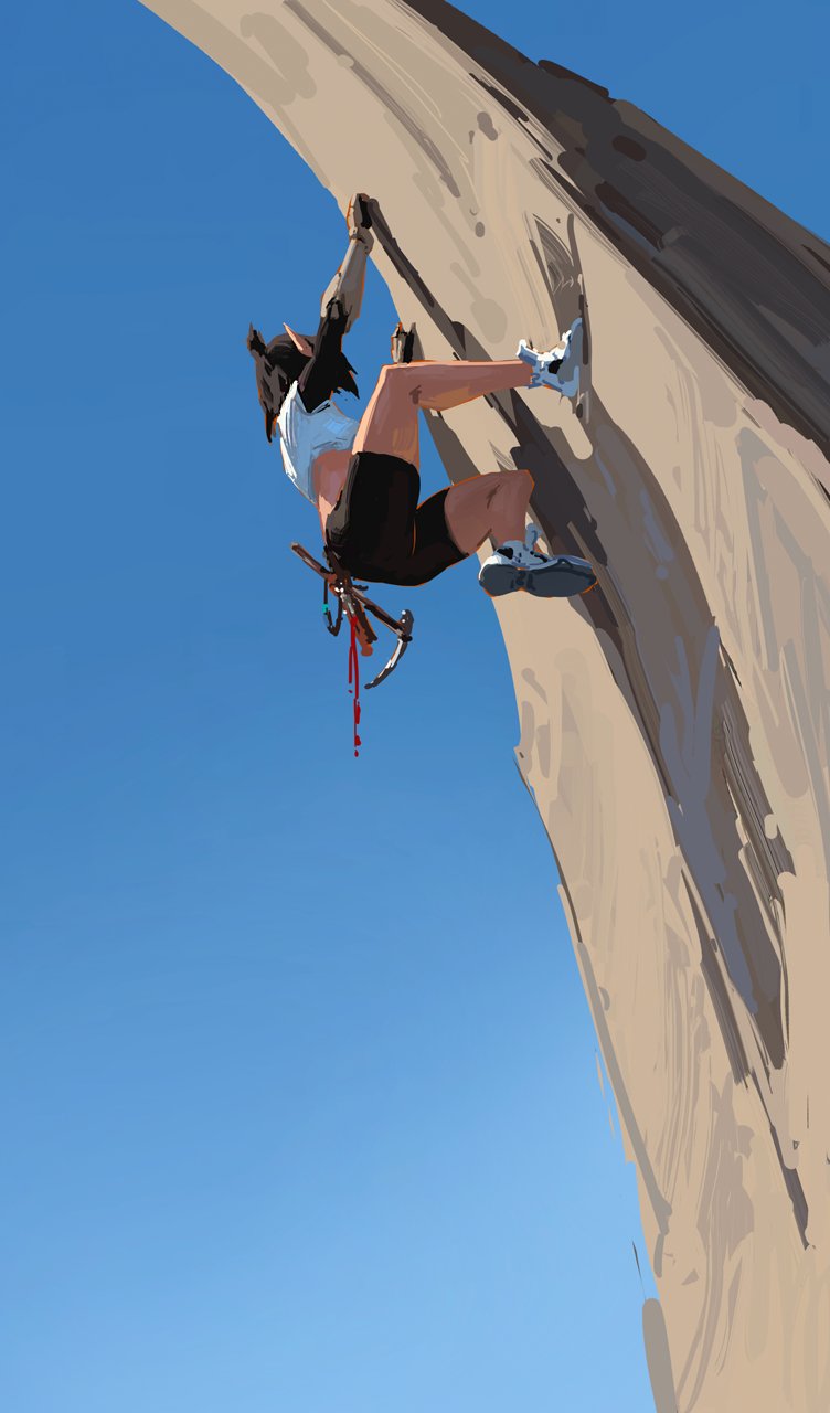 the illustration depicts a female rock climber ascending a steep, overhanging cliff face. she is shown midclimb, her body angled upward, her legs braced against the rock.  the climber is wearing climbing shoes and appears to have a harness and some climbing equipment attached to her. a vibrant blue sky forms a stark contrast to the tan tones of the rock. the style of the artwork is digital painting, with loose brushstrokes giving it a painterly feel. the perspective is from below, emphasizing the height and difficulty of the climb.  a small amount of what appears to be blood is dripping from her climbing equipment.