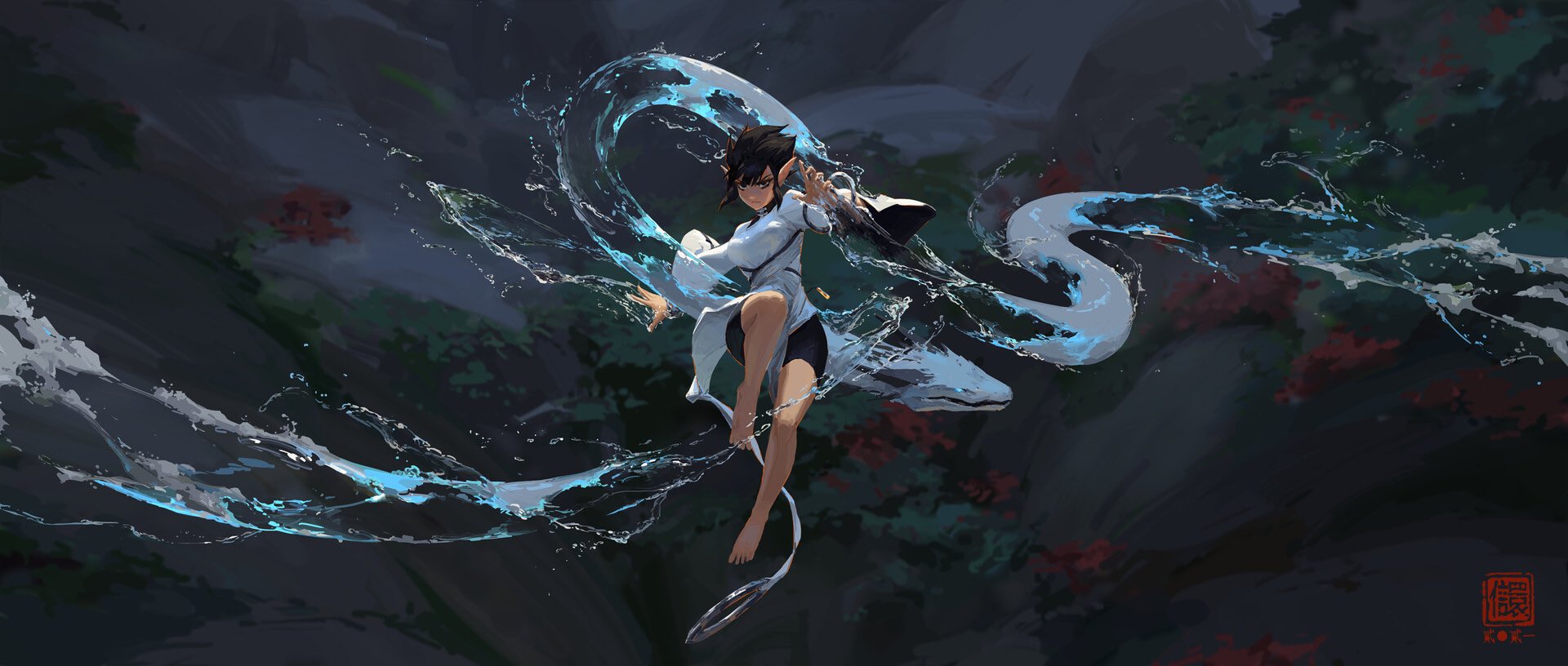 he image is a digital painting of a young woman, possibly an anime or manga character, in dynamic motion. she appears to be a martial artist, with a flowing white robe and dark hair. she's surrounded by swirling blue water, which seems to be manipulated by her actions. she holds a dark, possibly metallic object that looks like a weapon in one hand, the other hand is poised for action. the background is dark and moody, with hints of greenery, giving an otherworldly or mystical feel. the artist's style is painterly, creating a sense of fluidity and movement in the character and her water manipulation. the overall mood is one of energy, action, and grace.