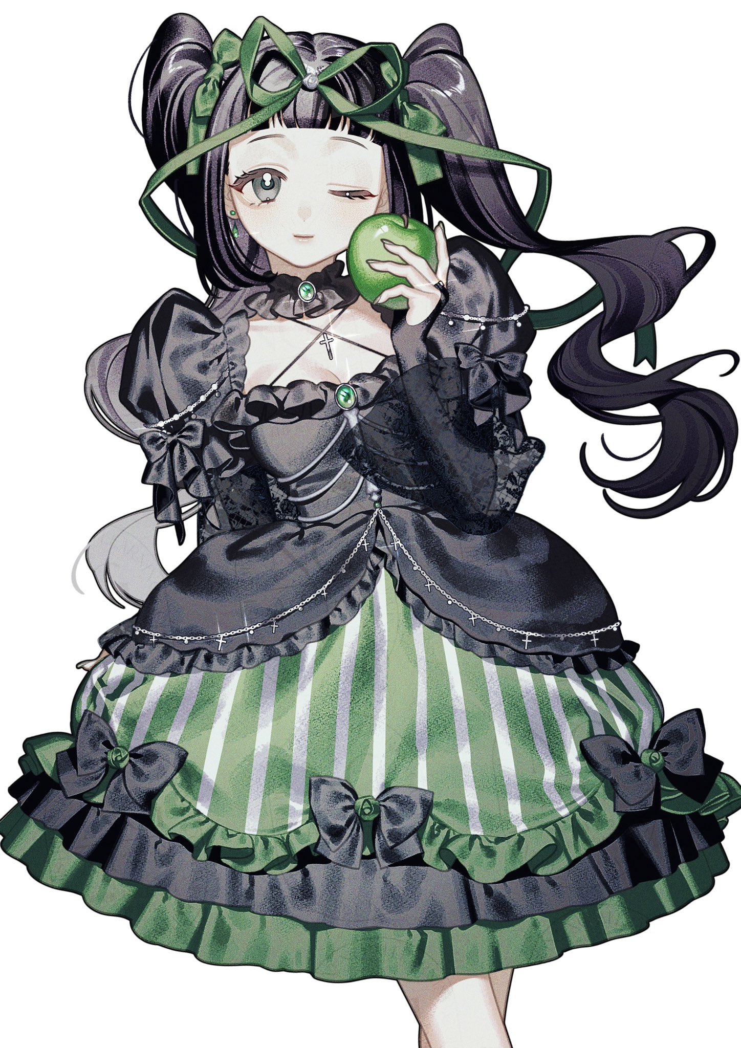 he image is a digital painting or illustration of a cute anime girl. she has long dark hair styled in two high pigtails with green bows. she's wearing a black and green lolitastyle dress with ruffles and bows.  the dress has green and white stripes on the skirt. she's winking and holding a green apple. the style is a blend of gothic and cute aesthetics. the background is plain white, focusing attention entirely on the character. the overall mood is whimsical and slightly dark, yet charming.