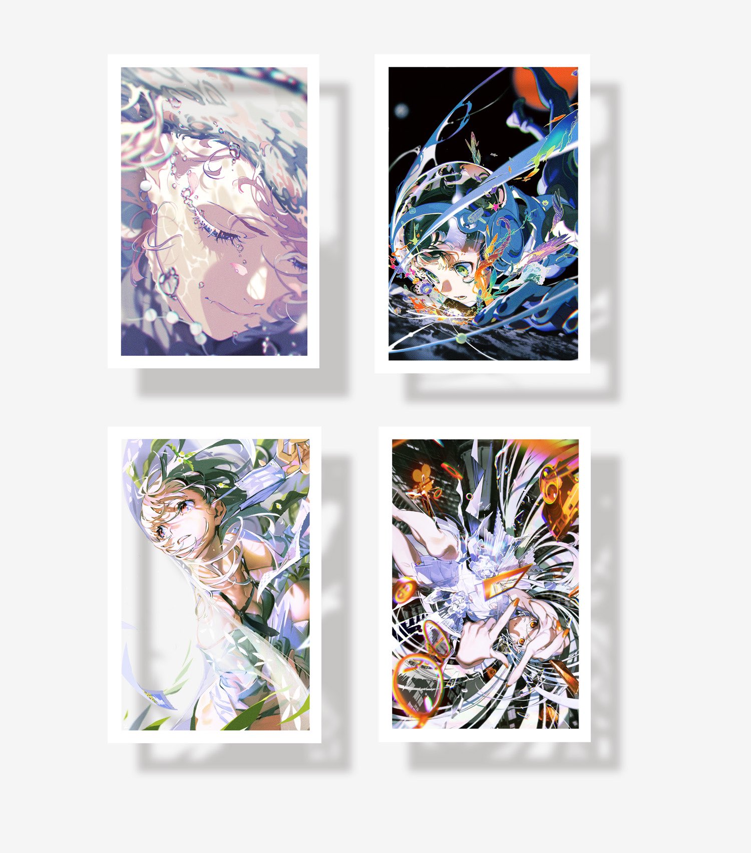 the image features four separate digital illustrations of a young woman in varying poses and expressions. the art style is highly stylized and dynamic, with a focus on vibrant colors, fluid lines, and abstract elements. each panel presents a unique composition and color palette, adding to the overall sense of energy and visual interest.