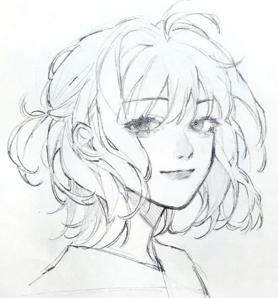 a black and white pencil sketch of a young woman with short hair tied in two pigtails. she has large eyes, a small smile, and is depicted from the shoulders up.