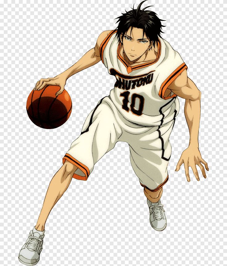 this is an illustration of an anime character dribbling a basketball in a dynamic pose. he's wearing a white and orange jersey with the number 10 on it, and has black hair with sharp features. the character is in midmotion, creating a sense of energy and action. the background is a transparent checkered pattern.