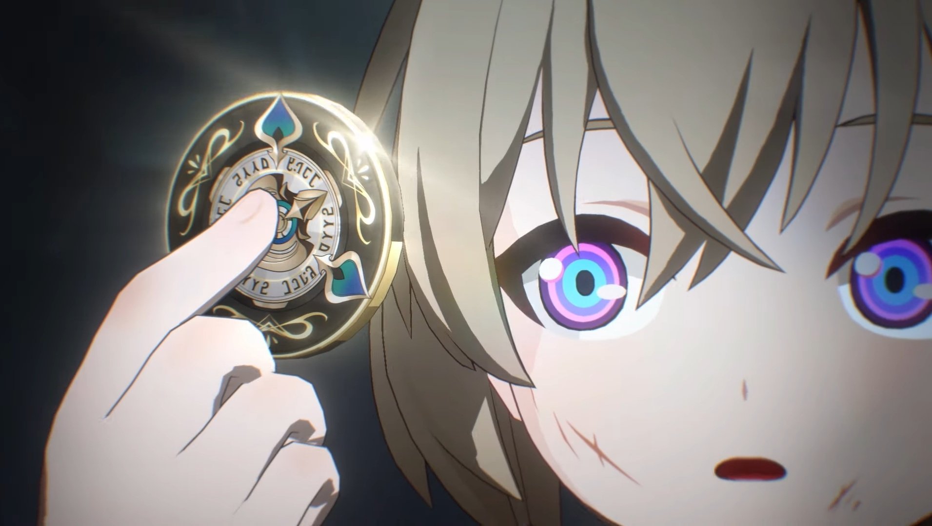 a closeup of a young anime girl with blonde hair and blue and purple eyes holding a compass in her hand. she has a surprised expression on her face. the background is dark and blurry.