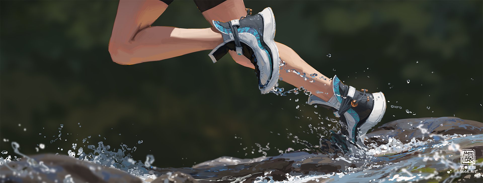 the image is a digital painting depicting the lower legs and feet of a person in motion.  they are midjump or running, splashing through a shallow stream or river that flows over dark rocks. the person is wearing stylish, hightop sneakers with a teal and black design.  the artist has captured the dynamic movement of water and the person's legs with a painterly style, utilizing splashes of color and visible brushstrokes. the overall impression is one of speed, energy, and athleticism in a natural setting.  the artist's signature, "666k art," is visible in the lower right corner.