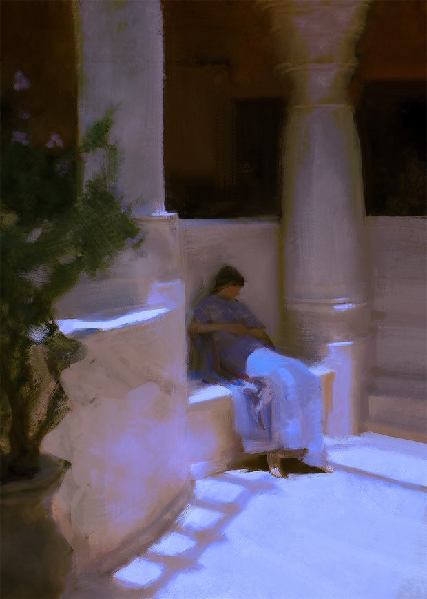 a woman in a blue dress sits on a stone ledge in the interior of a building, with a white column and wall, and the light and shadow cast on the floor.