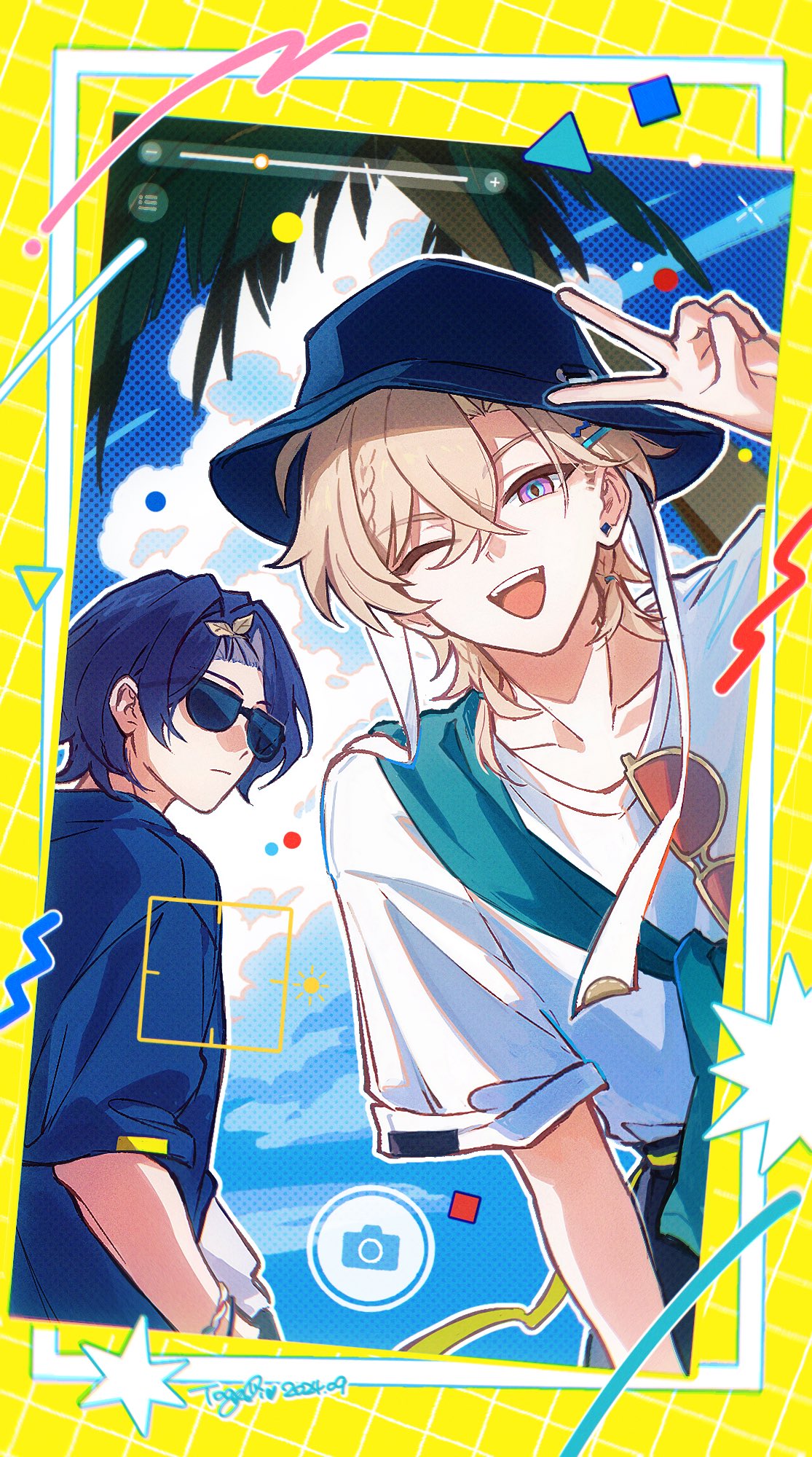 the image is a digital illustration of two animestyle characters taking a selfie at a beach. the blondhaired character is wearing a blue hat and white shirt with a turquoise scarf, giving a peace sign with a wink. he has fair skin and violet eyes. next to him is a bluehaired character with sunglasses and a blue shirt, looking in the same direction as the blondhaired one. the background shows a tropical beach scene with palm trees, a blue sky, and the ocean. the image is designed to look like a photo within a yellow frame with colorful shapes and a camera icon, possibly indicating a picture being taken with a filter or app.