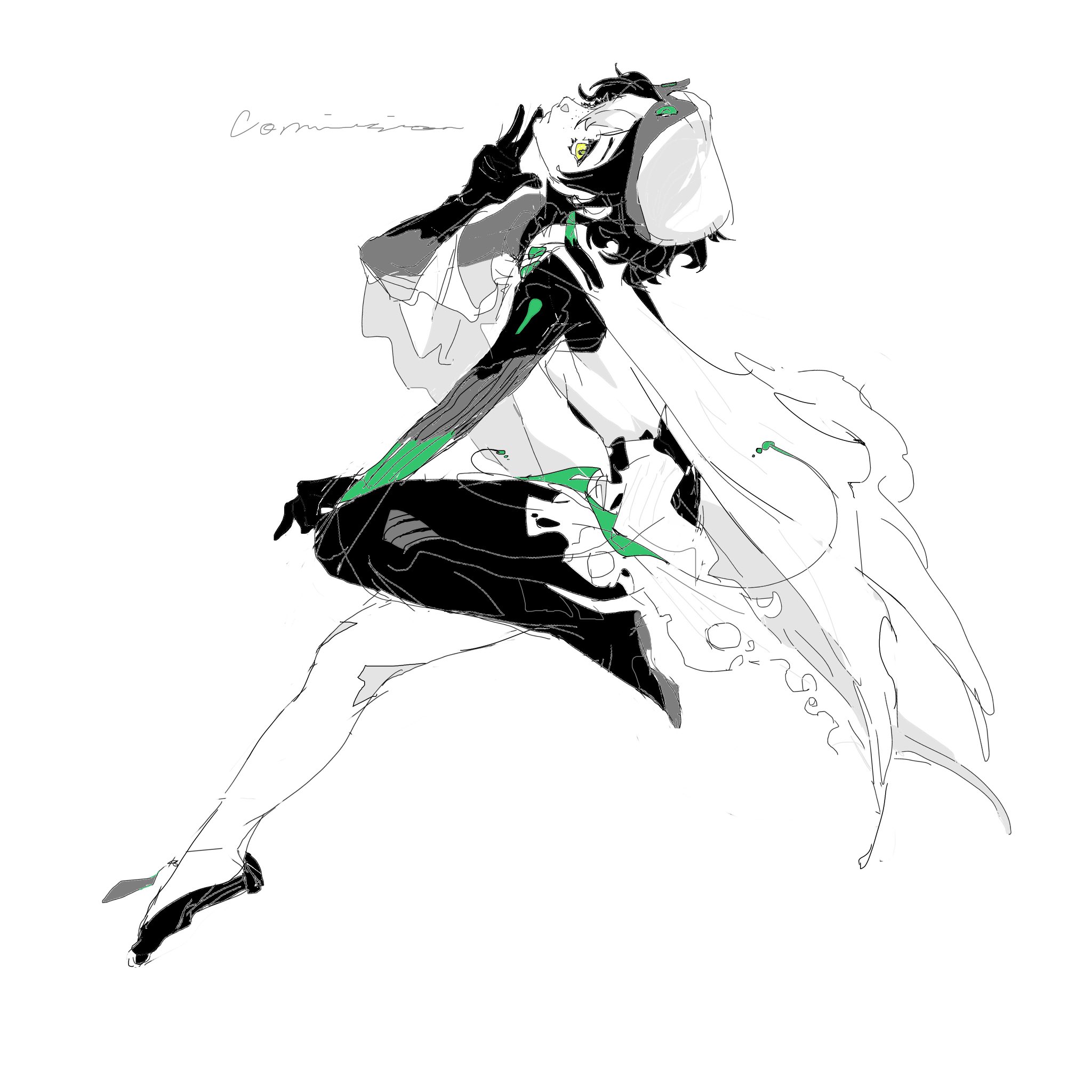 this is a digital illustration of a young girl with green hair. she's wearing a white dress with a black and green trim. she is wearing a hat with a large brim. her hair is up in a ponytail. she's looking up and she has her arm raised. the background is white.