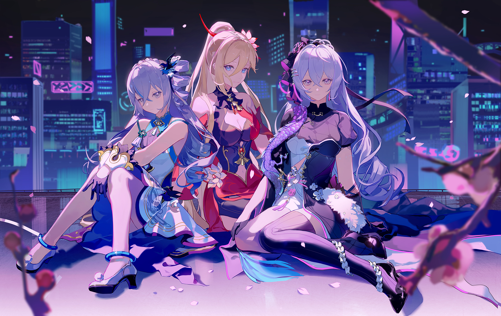 a stunning digital artwork showcasing three anime girls, each with unique purple and pink hair, elegant dresses, and stylish poses. they are situated on a rooftop overlooking a futuristic cityscape at night. the scene is rich with vibrant colors and details, including neon lights, skyscrapers, and falling petals. the overall mood is sophisticated and mysterious, evoking a sense of fantasy and intrigue. the artistic style is highly detailed and expressive.  the image strongly suggests a connection to the honkai star rail video game, based on the character designs.