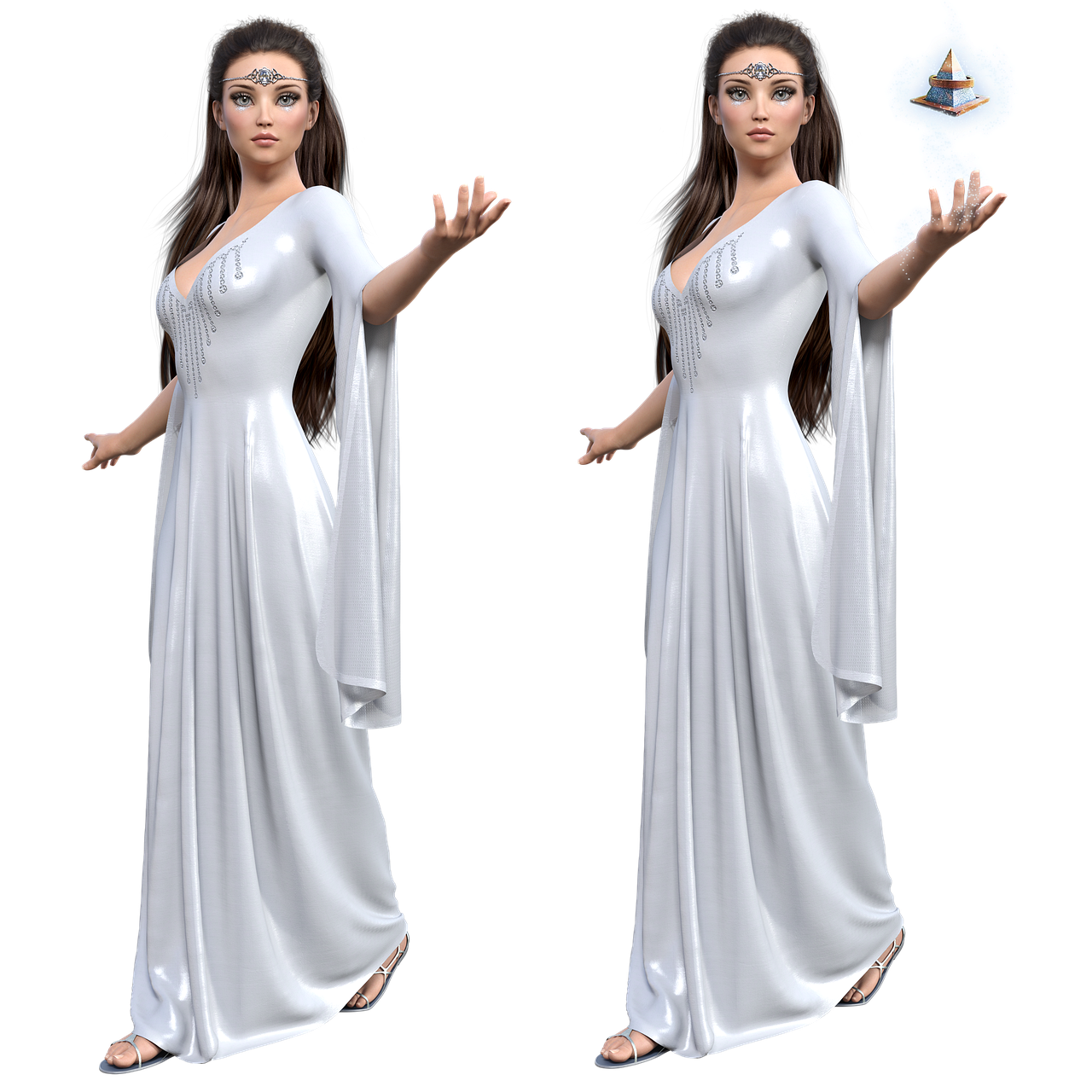 the image shows two views of a 3d rendered woman in a white dress on a black background. on the left, she is posed with her arms outstretched. on the right, a magical, glowing pyramid hovers above her hand, surrounded by swirling magical effects. she wears a tiara and sandals, and has long brown hair. the dress is long and flowing, with jeweled accents. the image evokes a sense of fantasy and magic.
