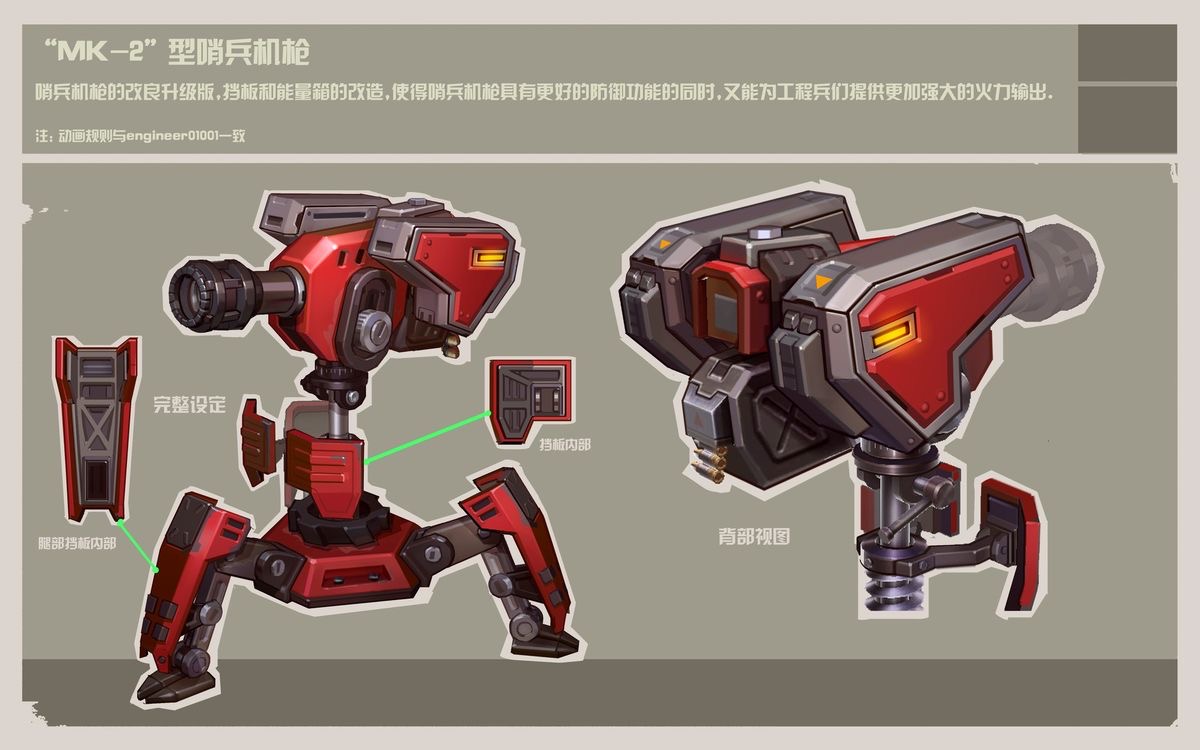 the image is a design blueprint of a futuristic turret named "mk2 sentinel machine gun". it shows the front, side and exploded view of the turret, highlighting its key features like protective plates, energy core, and internal mechanisms. the turret is predominantly red and grey, with yellow accents.content: blueprint turret machine gunpeople: no peopleenvironment: no environmentlighting: no specific lightingperspective: front view side view exploded viewkw: mk2 sentinel machine gun upgraded defensive powerful engineer design blueprint mechanical futuristic