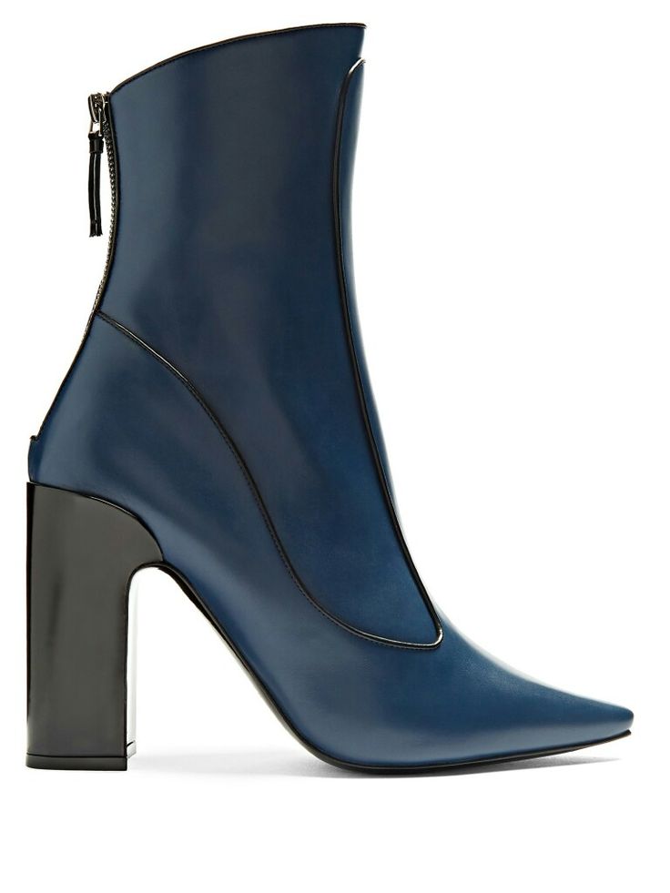 a single blue leather ankle boot with a pointed toe and a black block heel is displayed against a white background. the boot has a zipper closure at the back. the sleek design features subtle black trim along the edges.