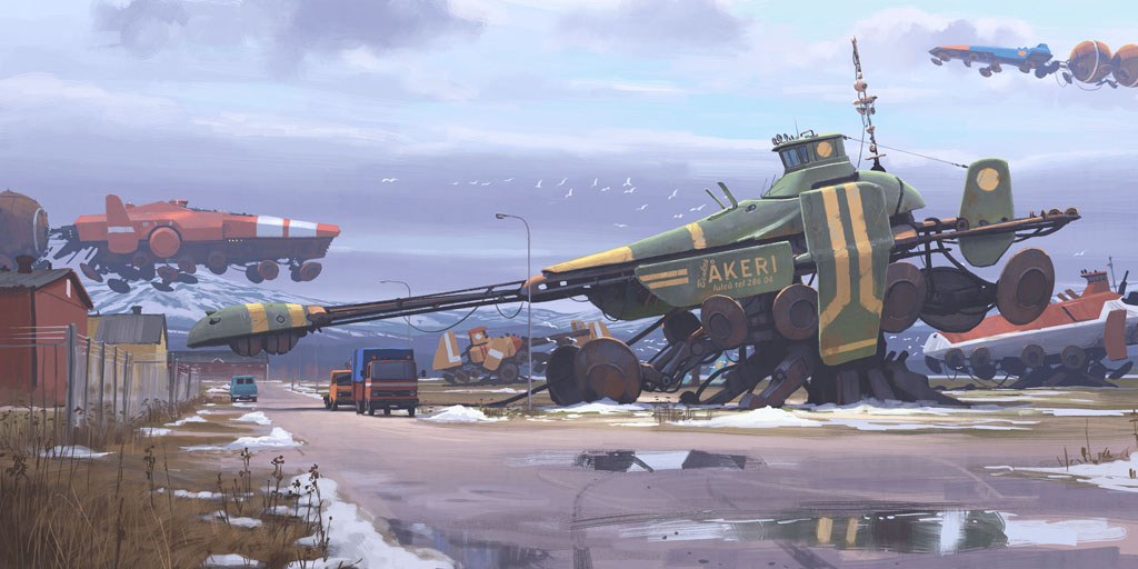 a dystopian scene with a futuristic spaceship in the foreground. the spaceship is large and clunky and looks like it could be used for cargo transport. it is surrounded by other spaceships, some of which are broken and abandoned. the sky is cloudy and the ground is covered in snow. there are also several trucks in the foreground that are driving on a road. the scene is cold and desolate, and it feels like there is no hope for the future.
