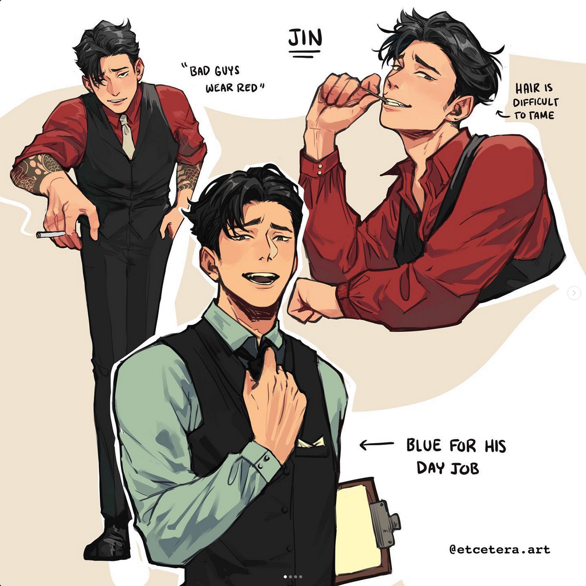 this image showcases character design illustrations of 'jin'. he has short black hair, styled differently in each depiction. in one, he wears a red shirt and tie, echoing the phrase "bad guys wear red", and has a cigarette in his hand, portraying a more rebellious persona. in another, he's fixing his hair, noting it's "difficult to tame". the third showcases him in a blue shirt with a clipboard, labeled "blue for his day job," suggesting a dual life. the art style leans towards anime with a focus on showcasing his personality through various poses and attire.