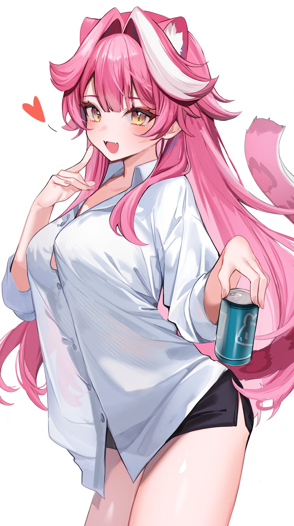 an anime girl with pink hair and cat ears is standing with one hand holding a can and the other touching her chin. she is wearing an oversized white shirt and black shorts, and is looking directly at the viewer with a playful expression.