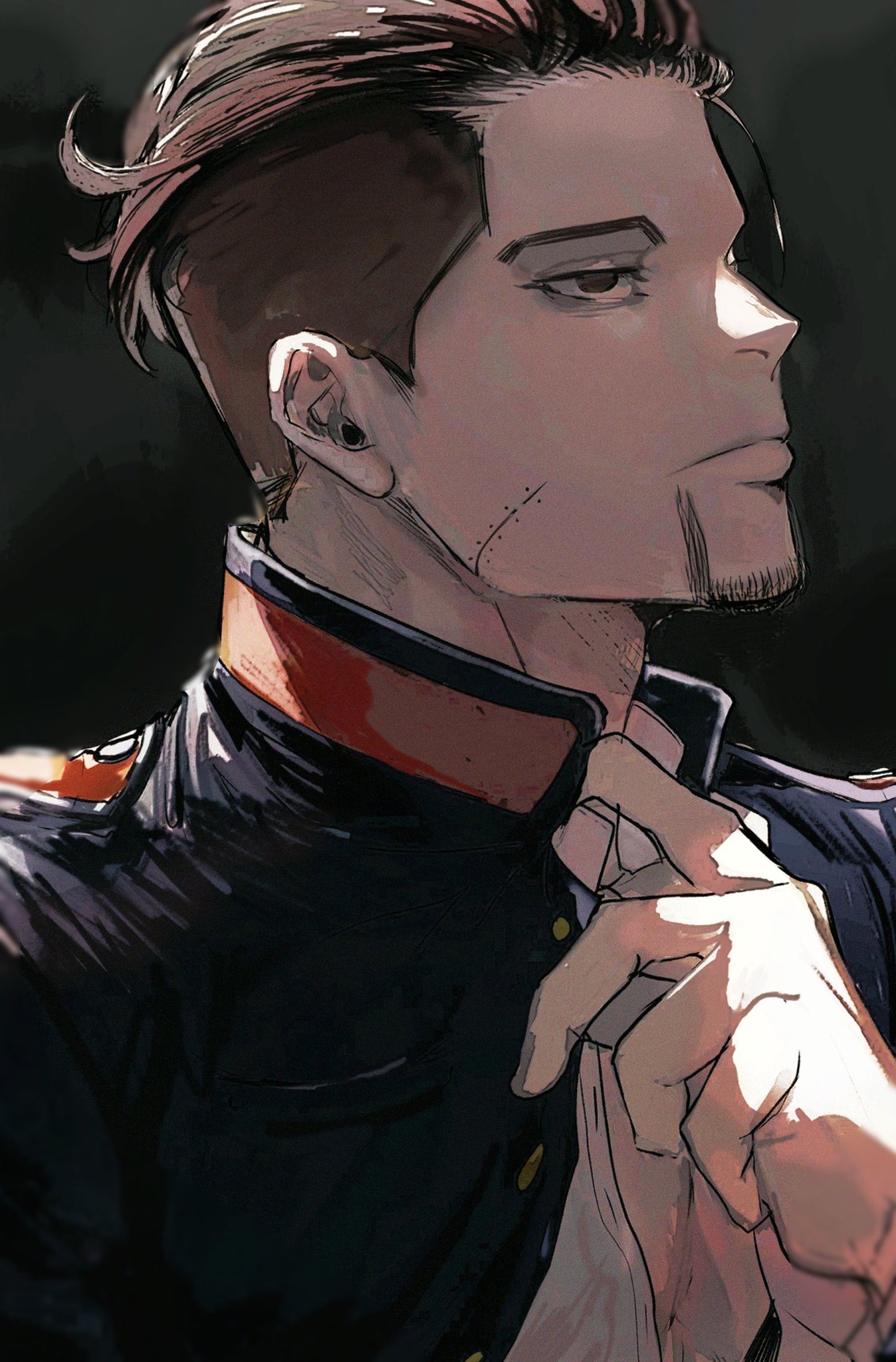 a closeup portrait of a man with an undercut hairstyle and a goatee. he is wearing a black jacket with a red collar and appears to be adjusting his collar. the artwork is in a realistic style, with detailed shading and lighting. the man's expression is serious and focused.
