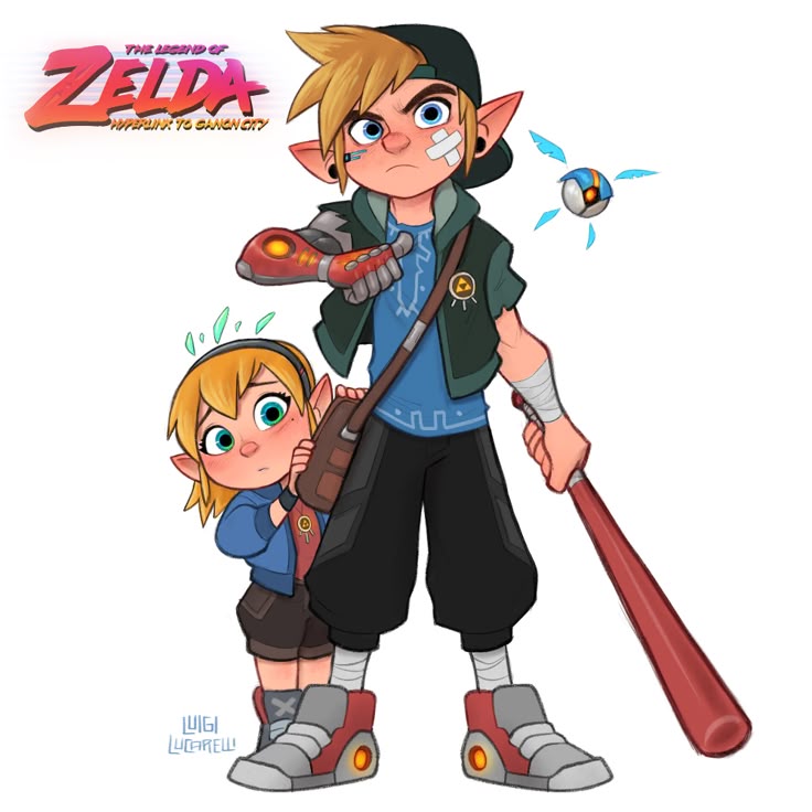 the image is fan art of the legend of zelda: hyperlink to ganon city. it features link and zelda in a modern au setting. link is tall with blonde hair, blue eyes, a baseball cap, and bandages on his face and arm. he has a robotic arm, a backpack, and holds a baseball bat. zelda is short with blonde short hair and green eyes. she looks shy and is hiding behind link. a fairy is floating next to link. both characters are wearing modern clothes, and the art style is cartoonish.