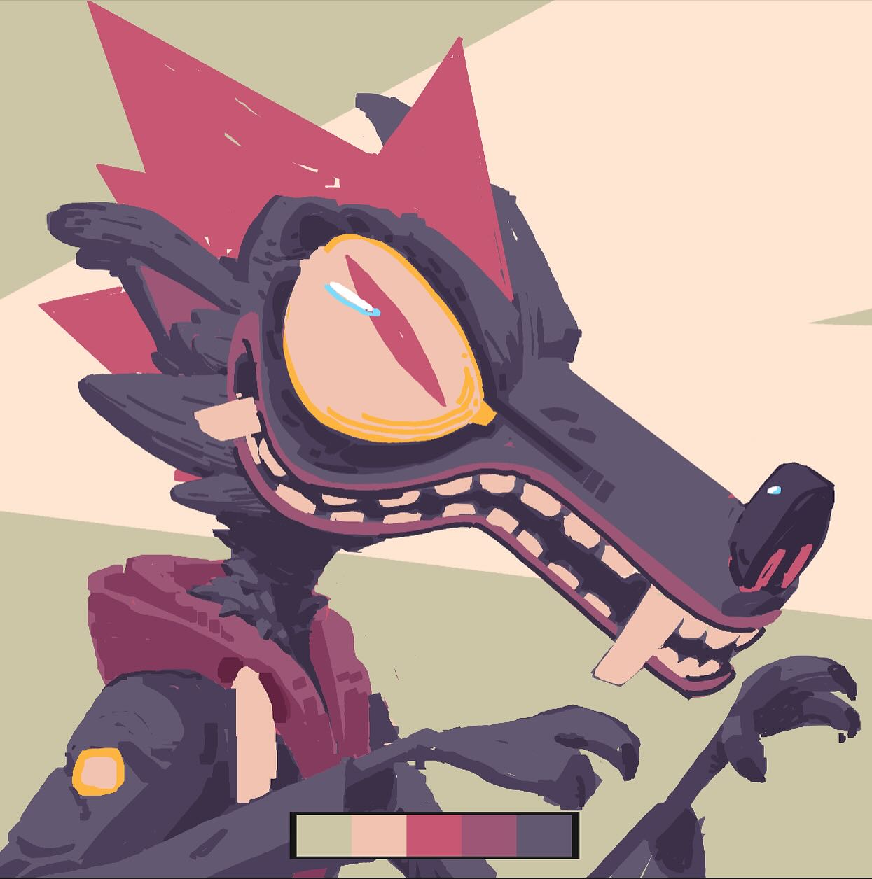 the image is a digital painting or illustration of a stylized wolflike creature.  the character has a vibrant color palette dominated by purples, pinks, and reds. its features are exaggerated and cartoonish, with sharp teeth, large eyes, and spiky hair. the creature is wearing a hooded garment and appears somewhat menacing or mischievous. the style is loose and painterly, suggesting a sketch or concept art piece. a color palette is included below the character's lower body.