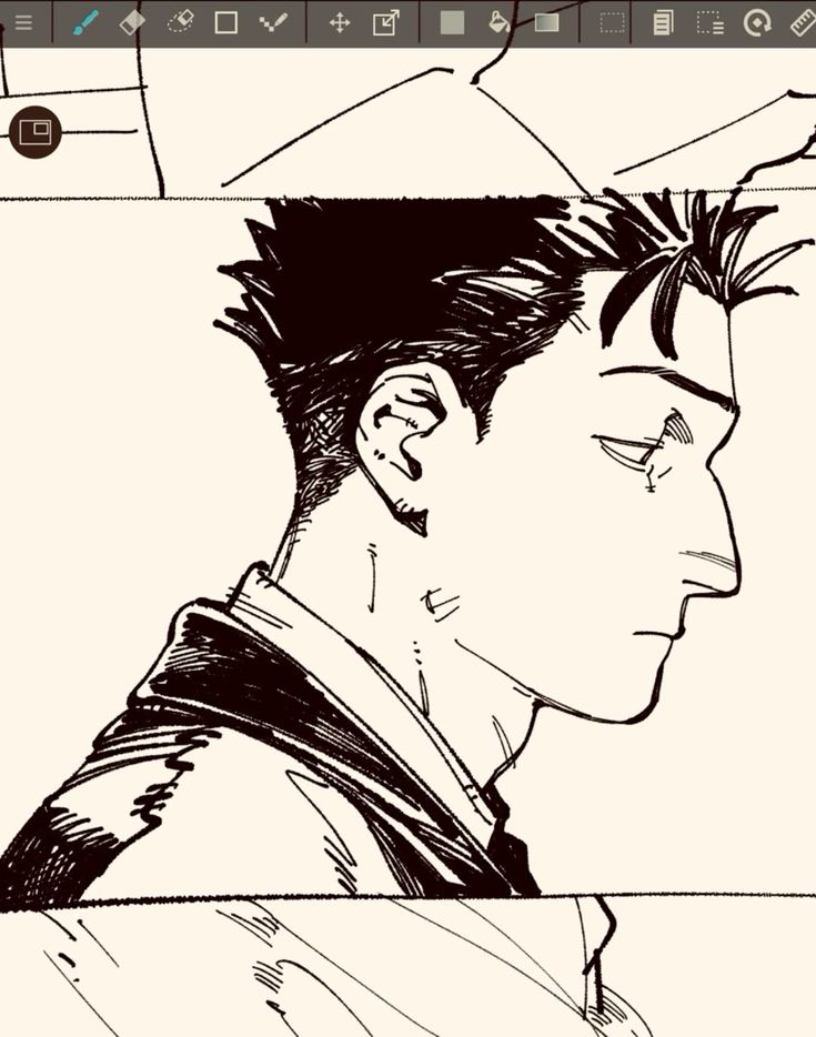 the image is a closeup of a black and white line drawing of a man's profile. the style is reminiscent of manga or graphic novels, with bold lines and expressive shading. the man has short, textured hair and is wearing a collared jacket. his expression is serious or pensive. the drawing is clean and detailed, showcasing the artist's skill in capturing both form and emotion.  the image appears to be a digital workinprogress, with digital art tools visible at the top.