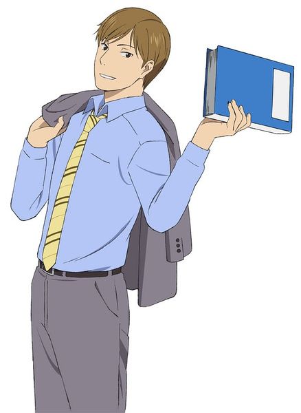 an anime character, a young man with brown hair is wearing a light blue shirt, grey pants, and a yellow tie. he has a jacket over his shoulder and he is holding a blue book in his right hand. he is smiling and looking toward the left.