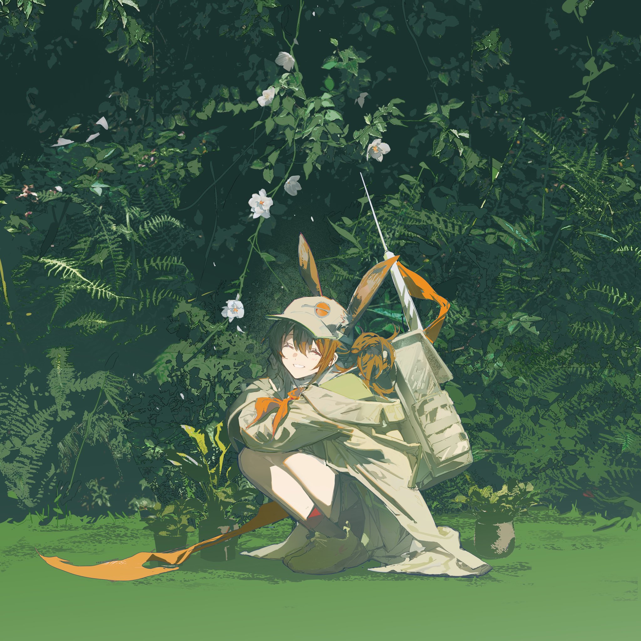 an anime character with rabbit ears, a backpack, and wearing a jacket is squatting in a field of green plants and flowers.