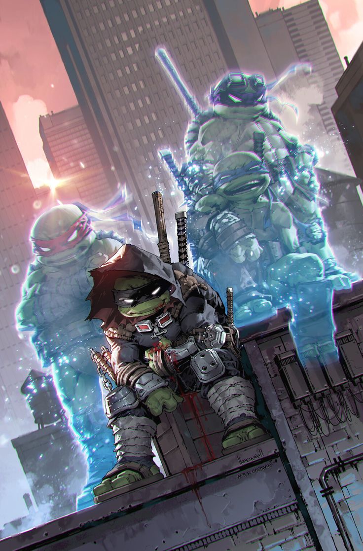 the image depicts a lone teenage mutant ninja turtle perched on a rooftop overlooking a city skyline. the turtle is clad in a tattered black cloak, with a bloody bandage on his arm,  and is sitting on a metal beam. he is looking out over the city with a stoic expression.  behind him, the silhouettes of three other turtles are fading into the background, appearing as ethereal spirits. these turtles appear to be carrying katanas and are also dressed in their usual black and green attire.   the urban environment is dark and gritty, with neon lights reflecting off the wet pavement. the image creates a sense of danger and isolation, hinting at a past battle or a coming conflict.  this illustration evokes a sense of somber reflection and a hint of darkness, suggesting a gritty and mature take on the iconic teenage mutant ninja turtles.