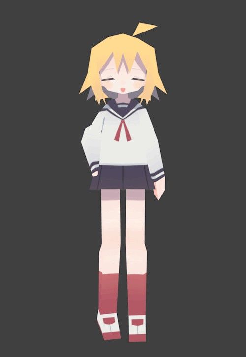 the image shows a stylized, cartoonlike paper doll figure of a young girl in a school uniform. she has blond, angular hair and is wearing a white longsleeved shirt with a sailor collar and a red necktie. her skirt is dark blue, and she has red socks and white shoes. the figure has closed eyes and a serene expression. the background is a dark grey color.