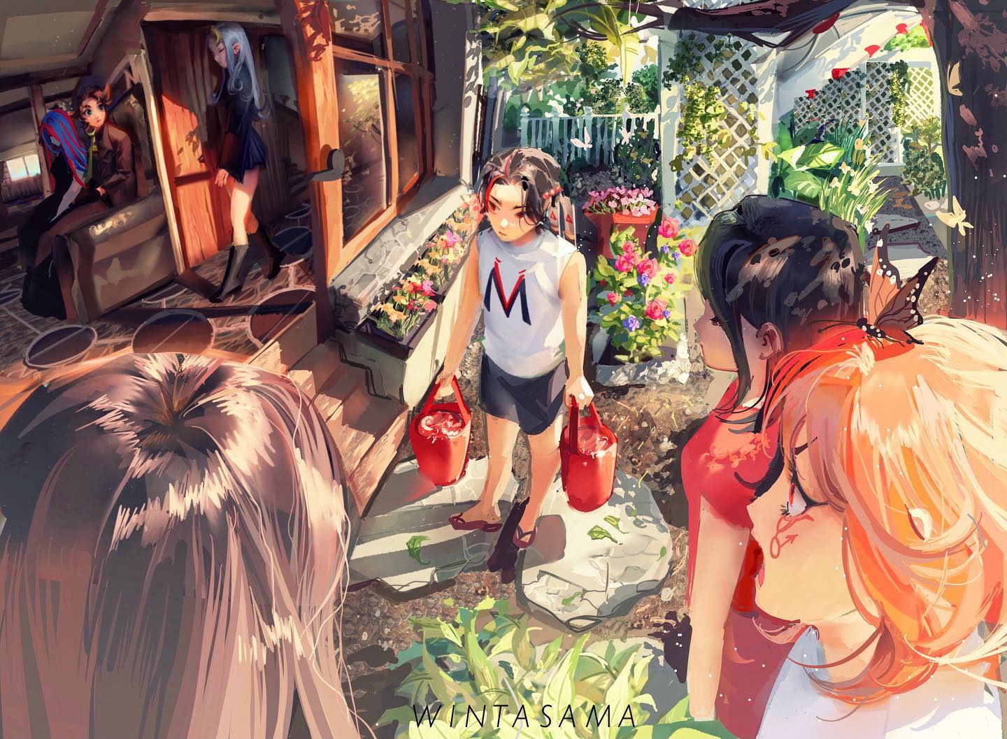 the image is a vibrant digital painting in an anime/manga style. it depicts a group of young women in a sunny garden setting. one girl in a white shirt with a large "m" is carrying two buckets, possibly for watering plants.  the other girls are observing or participating.  there's a house in the background with other characters, and the scene has a cheerful, almost whimsical feel, suggesting a warm, sunny day filled with friendship. the artist's signature, "wintasama," is visible in the lower right corner. the overall style is highly detailed and features rich colors.