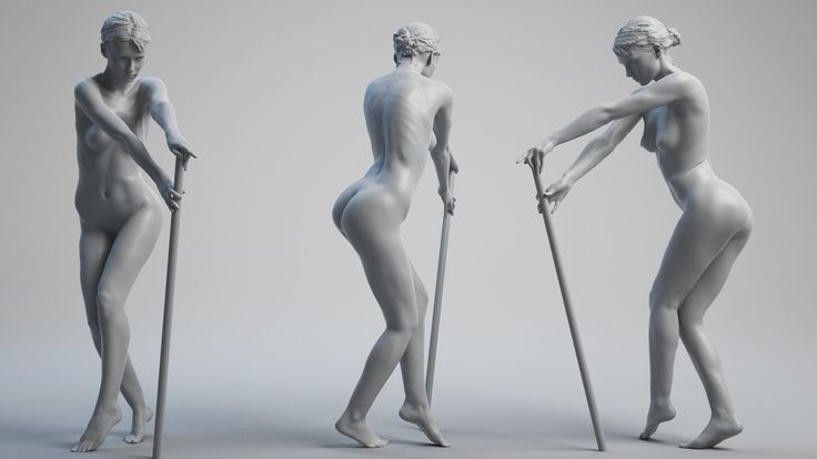 the image showcases a 3d model of a nude woman in three distinct poses. the model, rendered in a smooth, matte gray material, is depicted interacting with a long staff in each pose. the backdrop is a minimalist studio setting with neutral lighting, emphasizing the model's form and the subtle variations in posture.  the image likely serves as a reference for artists, highlighting human anatomy, posing, and the interplay of light and shadow.