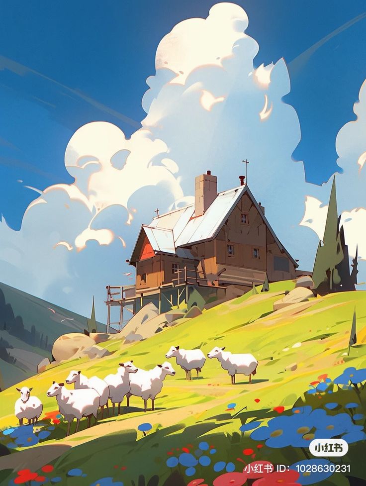 the image showcases a serene countryside scene bathed in warm sunlight. a charming wooden house, with a red door and a tin roof, sits atop a gentle hill. a flock of fluffy sheep grazes peacefully on the lush green slope, dotted with vibrant blue and yellow wildflowers.  towering mountains rise in the distance, their peaks softened by a clear, azure sky adorned with puffy white clouds.