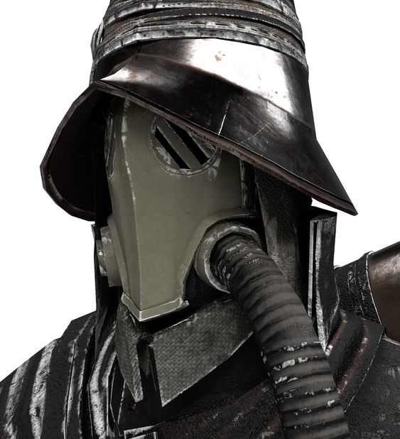 this is a closeup image of a masked and helmeted character, likely from the star wars universe, possibly a mandalorian. they wear distressed armor and a helmet with a distinct, weathered appearance. a prominent feature is the respirator mask covering the lower portion of the helmet. the overall aesthetic suggests a rugged, battlehardened warrior.