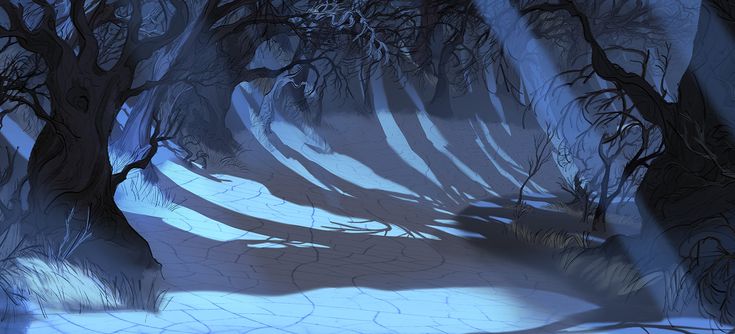 the image is a digital painting or illustration depicting a wintry forest scene.  the trees are bare, their branches reaching up into a dim, twilight sky. the ground is covered in a layer of snow or ice, which appears cracked and uneven. long shadows cast by the trees stretch across the ground, adding to the dark and mysterious atmosphere. beams of light pierce through the trees from above, creating contrasting areas of brightness against the overall gloom. the overall color palette is cool, with blues and purples dominating. the style is evocative and painterly, suggestive of a fantasy or fairytale setting.