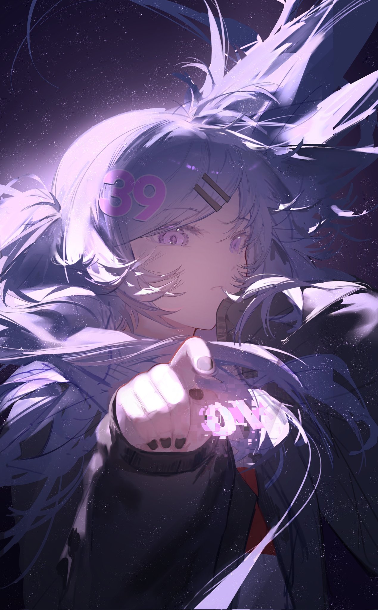 the image showcases a stylized anime girl with long, flowing purple hair. she is prominently featured in a closeup, pointing directly at the viewer with a determined expression.  her hair is dynamic and seems to almost flow like liquid, adding to the overall energetic feel.  the number "39" is visible on her forehead. the background is dark and purplish, creating a contrast that emphasizes the girl and her action. the art style is digital and blends elements of fantasy and cyberpunk aesthetics. the overall impression is one of intensity and perhaps a sense of urgency or challenge.