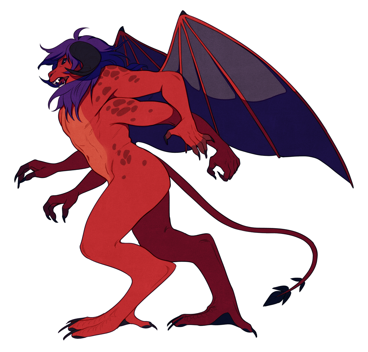 a redskinned demon with four arms and batlike wings. it has a long, thin tail, horns, and sharp claws. the demon is standing on two legs and looking to the left. it has a mane of purple hair.