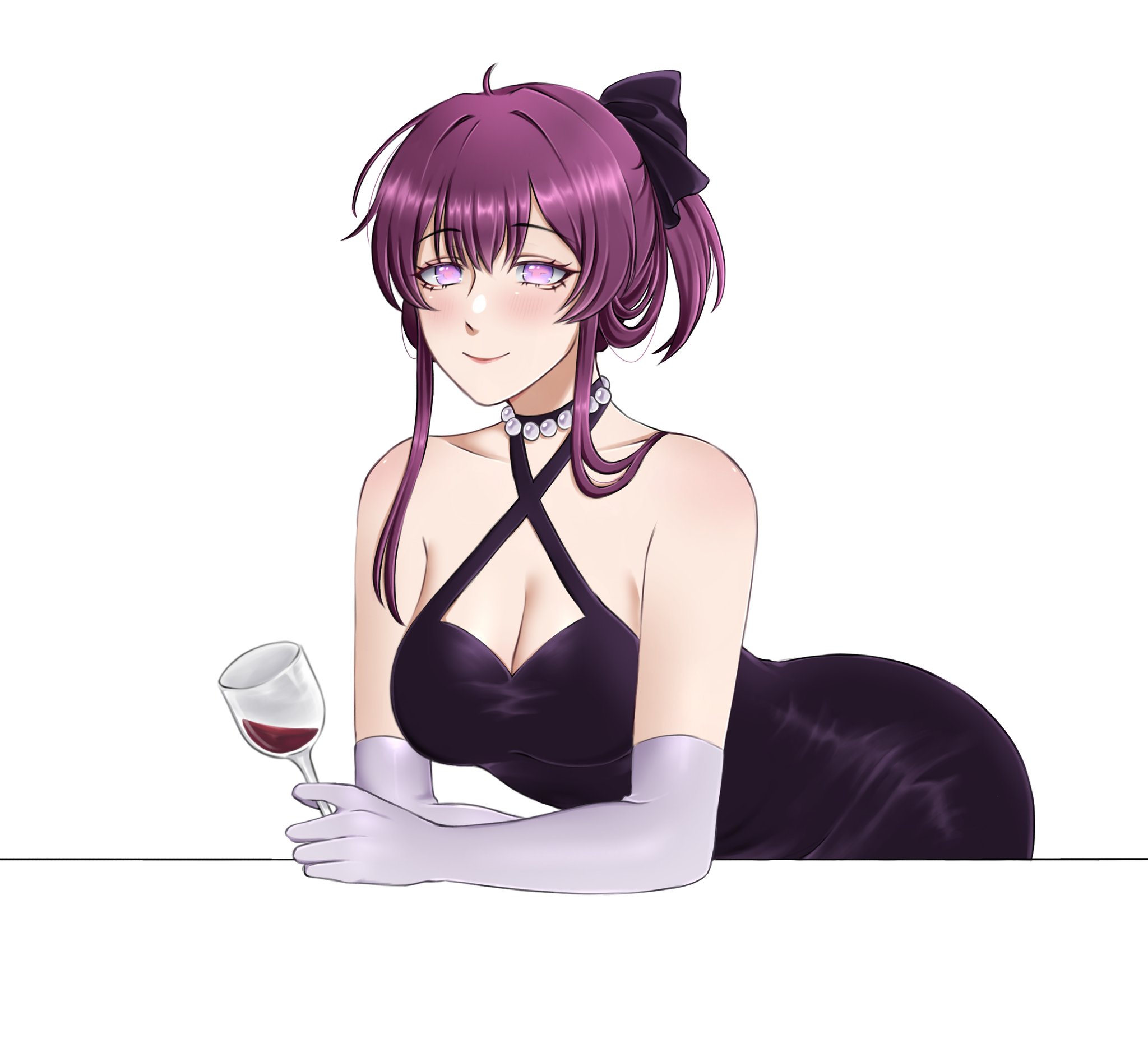 this is a digital illustration of a young woman in a black dress. she is smiling and looking at the viewer. she has purple hair and is wearing a black dress with a white, crisscross strap. she is also wearing white gloves and holding a glass of red wine. the background is white.
