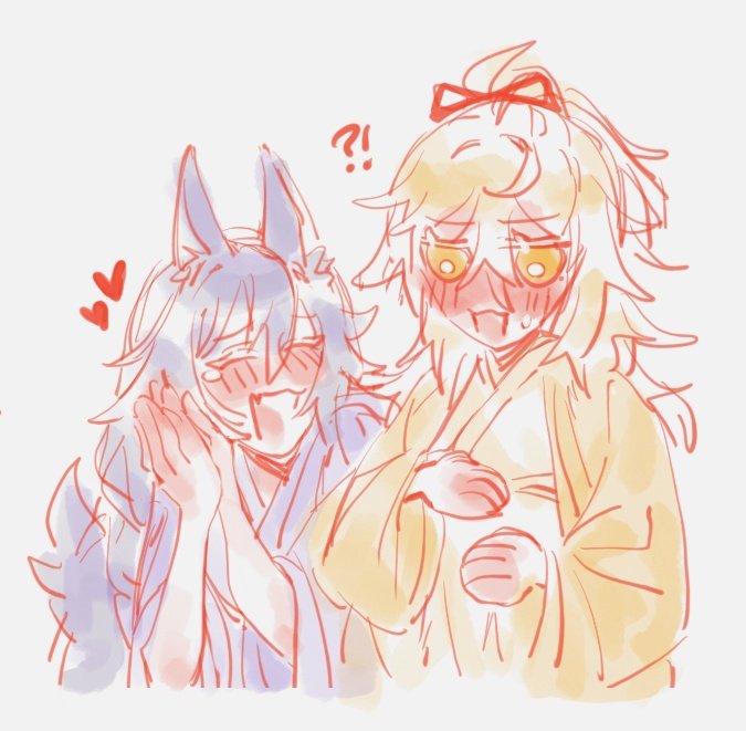 a handdrawn illustration of two anime characters. the character on the left is a wolflike creature with blue fur and is blushing. the character on the right is a yellowhaired human with a red bow in her hair. she is also blushing. the two characters are looking at each other, with the wolflike character's hand on the yellowhaired character's stomach. the background is white with a few red heart shapes around the wolflike character's head.