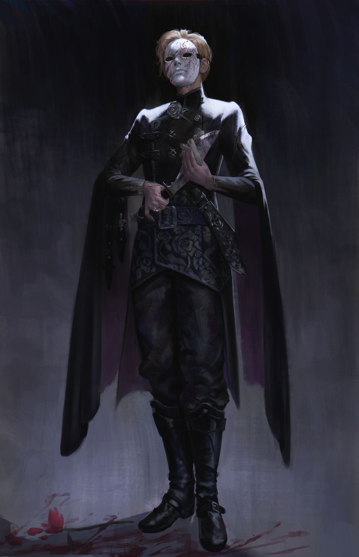 a man in a long dark cloak and mask is standing in a pool of blood with a dagger in his hand. he has a serious look on his face, and he is holding the weapon tightly. the background is dark and shadowy.  there is a rose on the floor. this is a digital art piece.