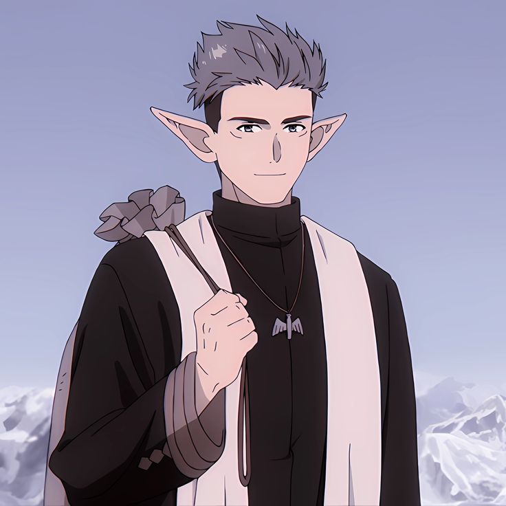 this is an anime illustration of a male elf character.  he has silver hair, gray skin, and pointy ears. he's dressed in a priest outfit with a black tunic over a white shirt. he's holding a flower and has a necklace with a winged pendant. the background is a snowy mountainscape under a gray sky.